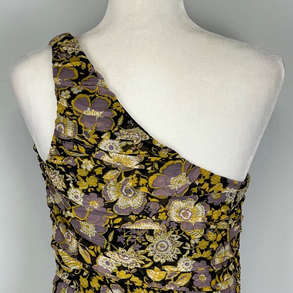 Zara Womens One Shoulder Floral Ruched Bodycon Mini Dress Yellow Purple Small - Picture 8 of 12